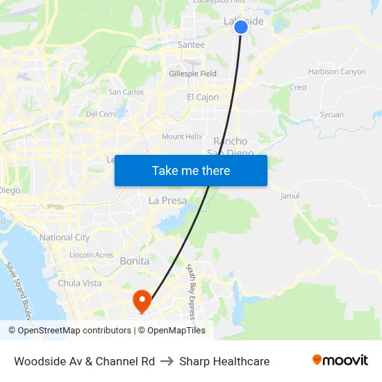 Woodside Av & Channel Rd to Sharp Healthcare map