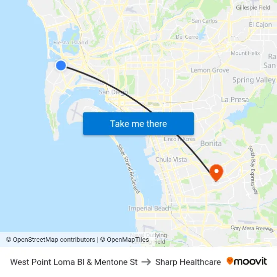 West Point Loma Bl & Mentone St to Sharp Healthcare map