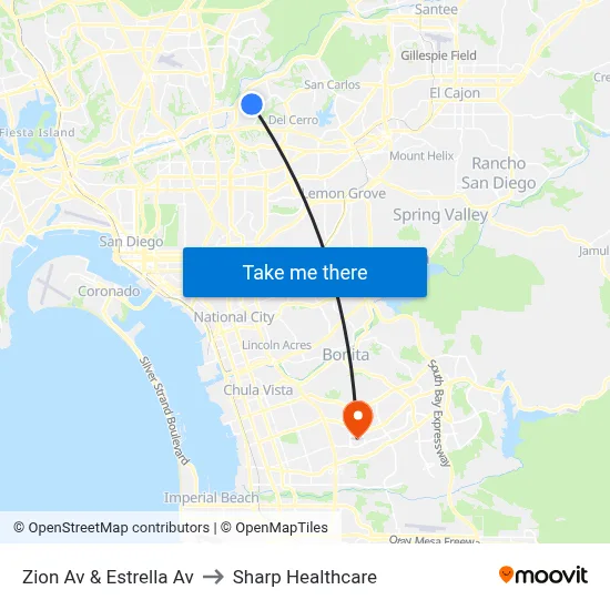 Zion Av & Estrella Av to Sharp Healthcare map