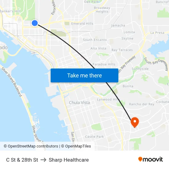 C St & 28th St to Sharp Healthcare map