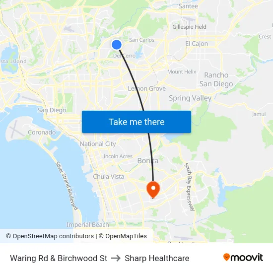 Waring Rd & Birchwood St to Sharp Healthcare map