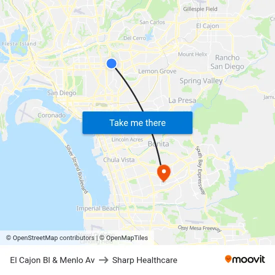 El Cajon Bl & Menlo Av to Sharp Healthcare map