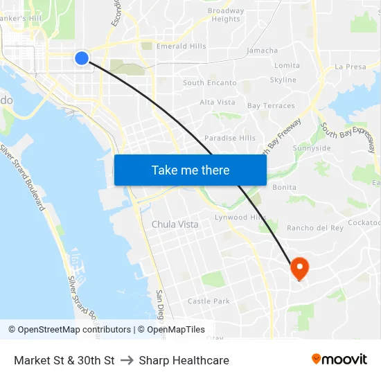Market St & 30th St to Sharp Healthcare map