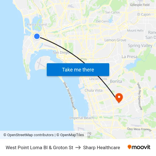 West Point Loma Bl & Groton St to Sharp Healthcare map