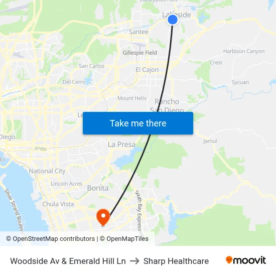 Woodside Av & Emerald Hill Ln to Sharp Healthcare map