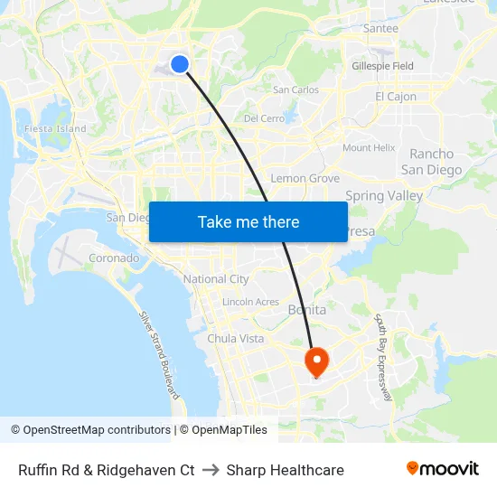 Ruffin Rd & Ridgehaven Ct to Sharp Healthcare map