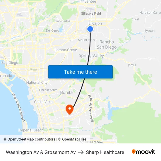 Washington Av & Grossmont Av to Sharp Healthcare map