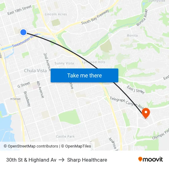 30th St & Highland Av to Sharp Healthcare map