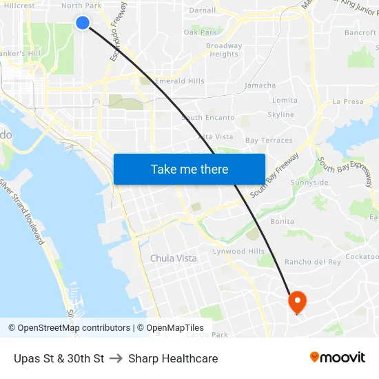 Upas St & 30th St to Sharp Healthcare map