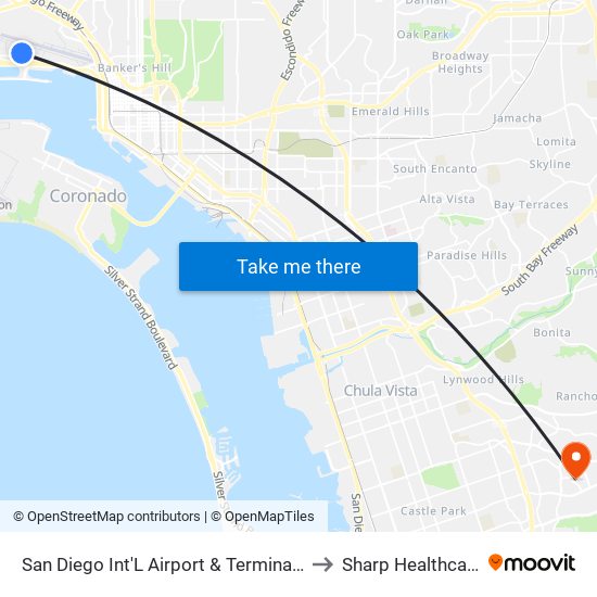 San Diego Int'L Airport & Terminal 1 to Sharp Healthcare map