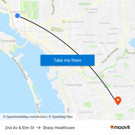 2nd Av & Elm St to Sharp Healthcare map