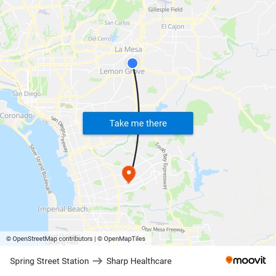 Spring Street Station to Sharp Healthcare map