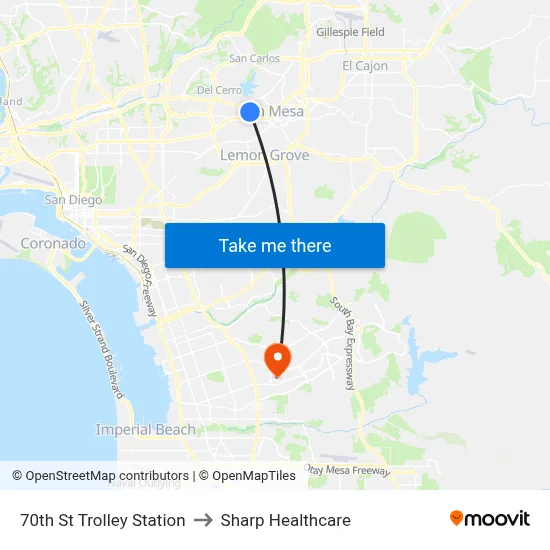 70th St Trolley Station to Sharp Healthcare map