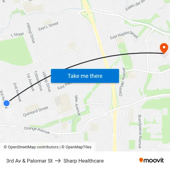 3rd Av & Palomar St to Sharp Healthcare map
