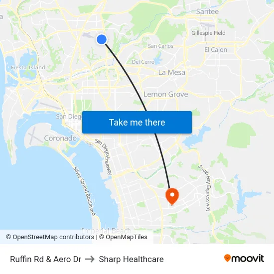 Ruffin Rd & Aero Dr to Sharp Healthcare map