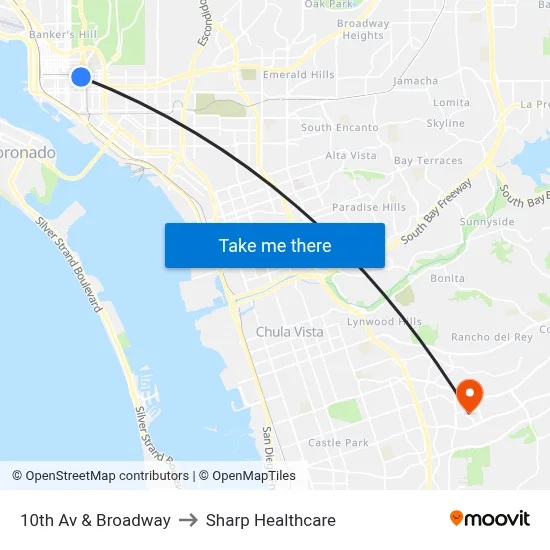 10th Av & Broadway to Sharp Healthcare map