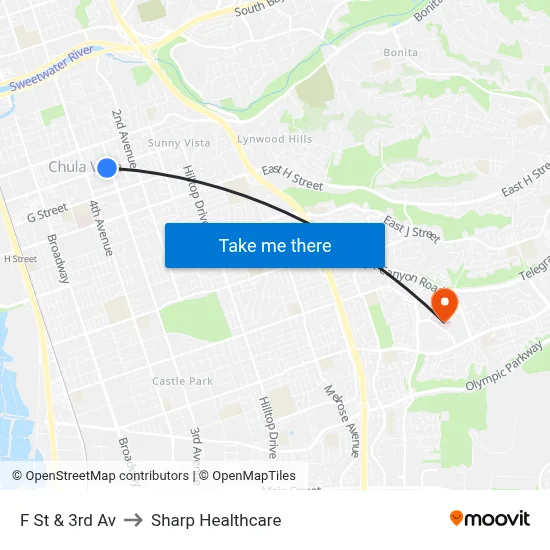 F St & 3rd Av to Sharp Healthcare map