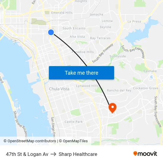 47th St & Logan Av to Sharp Healthcare map