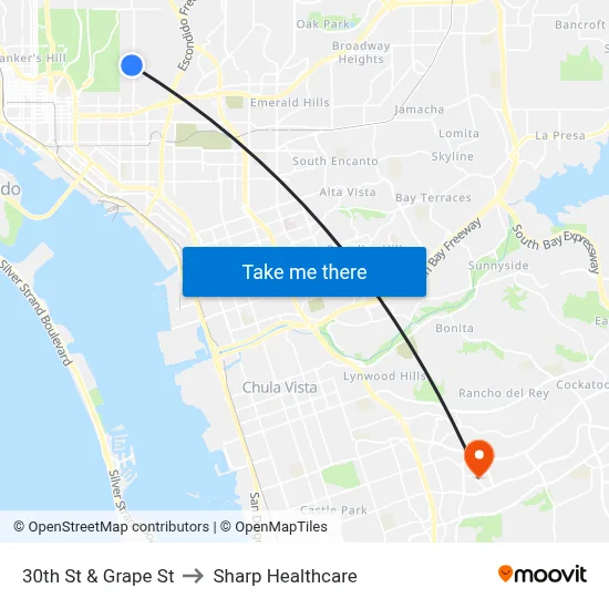 30th St & Grape St to Sharp Healthcare map