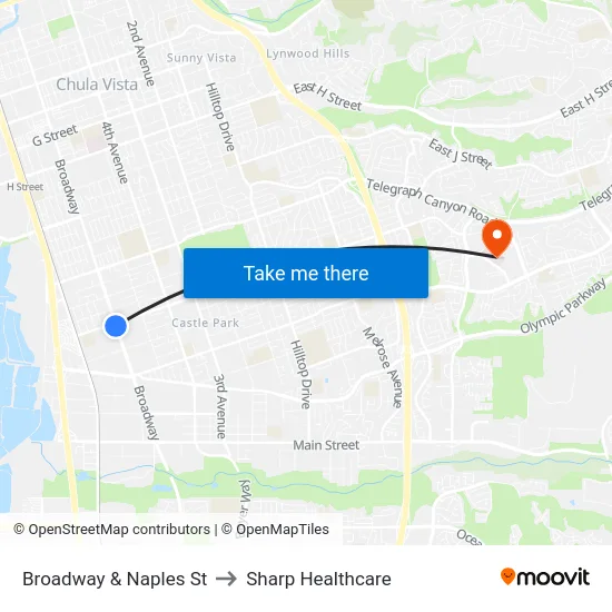 Broadway & Naples St to Sharp Healthcare map