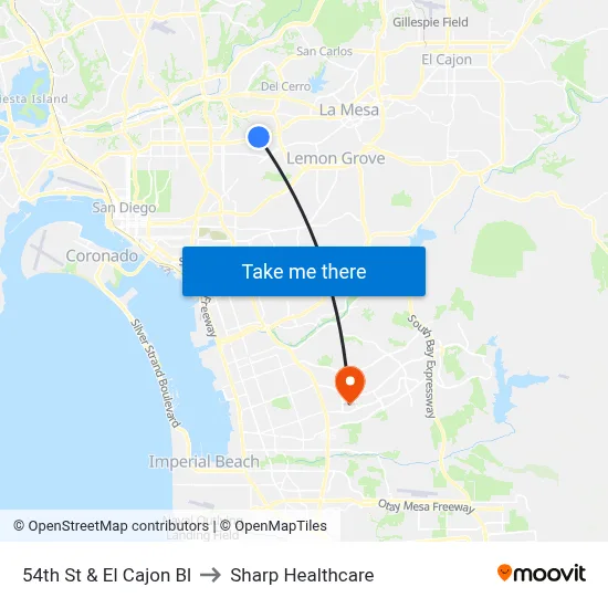 54th St & El Cajon Bl to Sharp Healthcare map