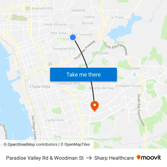 Paradise Valley Rd & Woodman St to Sharp Healthcare map