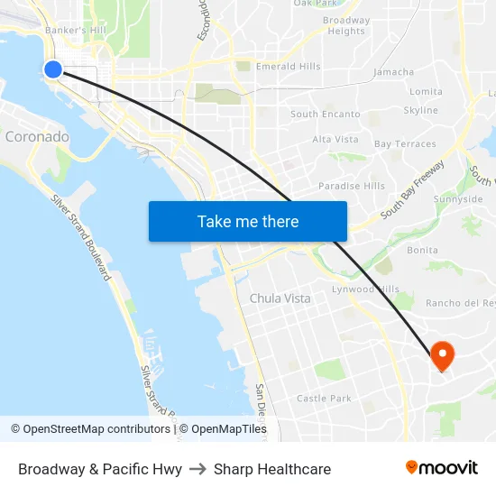 Broadway & Pacific Hwy to Sharp Healthcare map