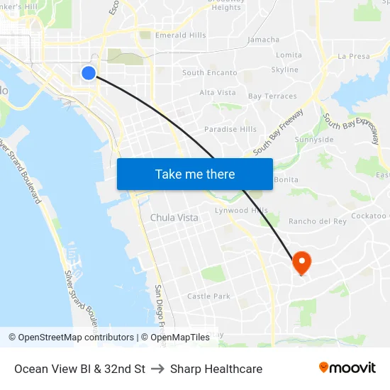 Ocean View Bl & 32nd St to Sharp Healthcare map
