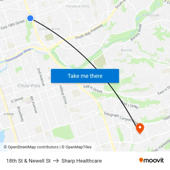 18th St & Newell St to Sharp Healthcare map