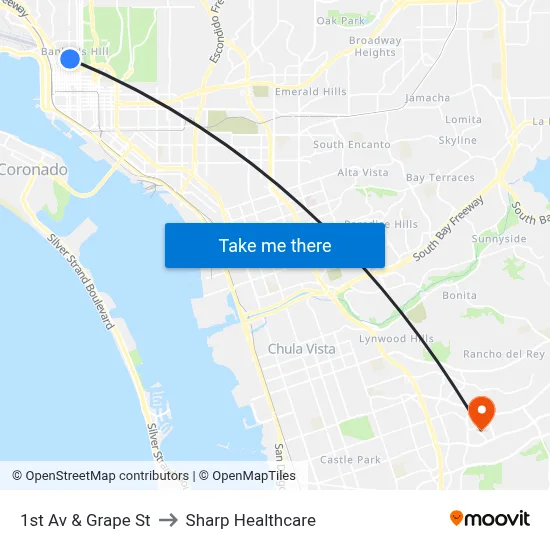 1st Av & Grape St to Sharp Healthcare map