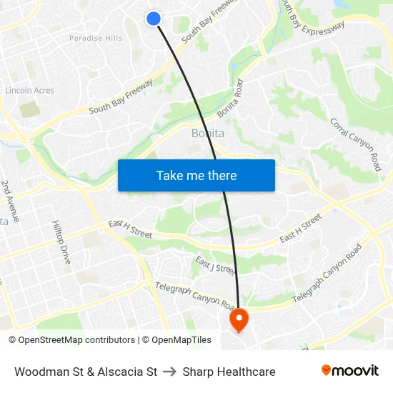 Woodman St & Alscacia St to Sharp Healthcare map