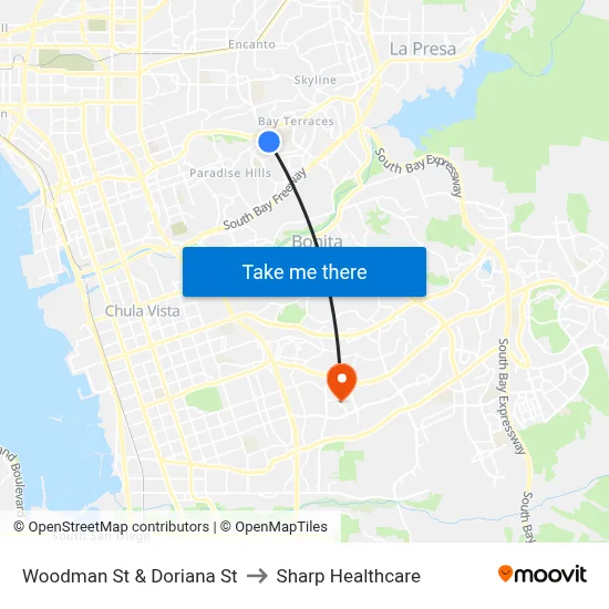 Woodman St & Doriana St to Sharp Healthcare map
