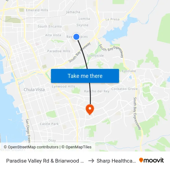 Paradise Valley Rd & Briarwood Rd to Sharp Healthcare map
