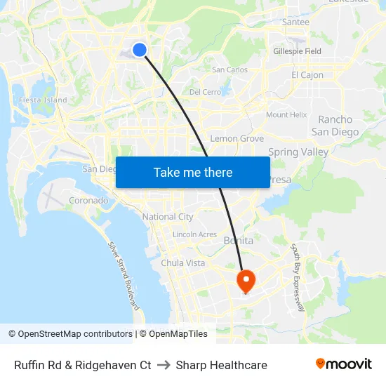 Ruffin Rd & Ridgehaven Ct to Sharp Healthcare map