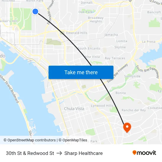 30th St & Redwood St to Sharp Healthcare map
