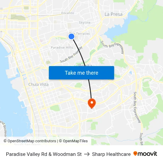 Paradise Valley Rd & Woodman St to Sharp Healthcare map