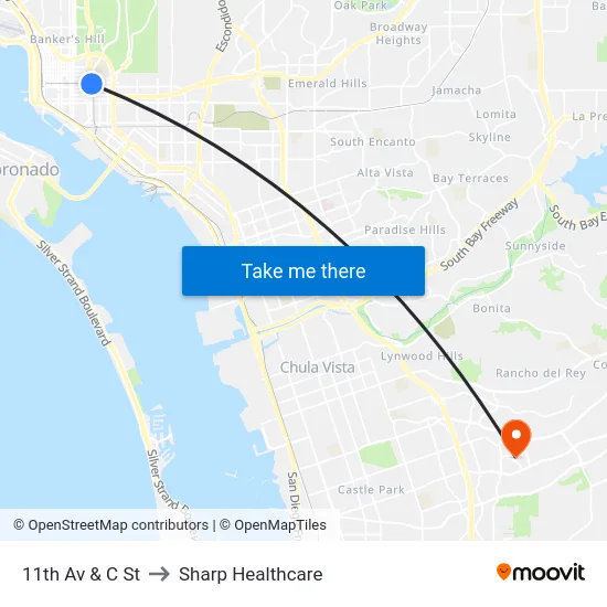 11th Av & C St to Sharp Healthcare map