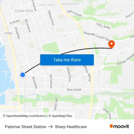 Palomar Street Station to Sharp Healthcare map