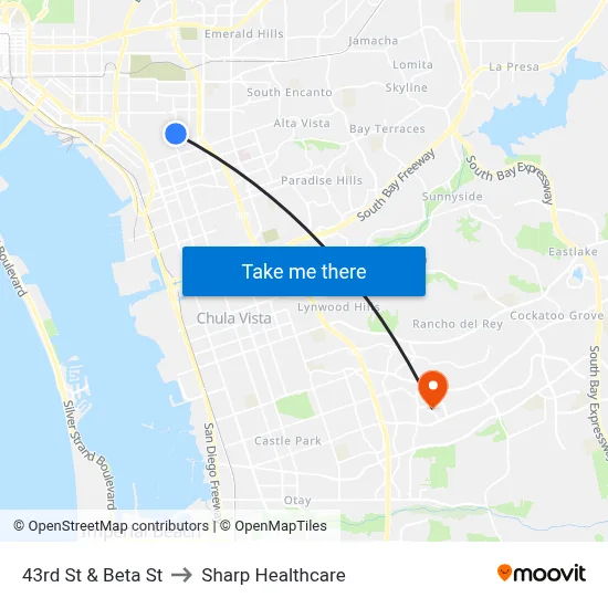 43rd St & Beta St to Sharp Healthcare map