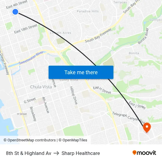 8th St & Highland Av to Sharp Healthcare map