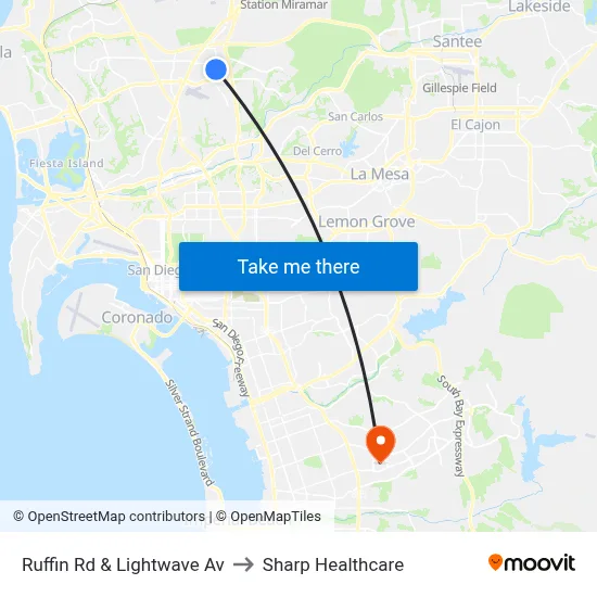 Ruffin Rd & Lightwave Av to Sharp Healthcare map