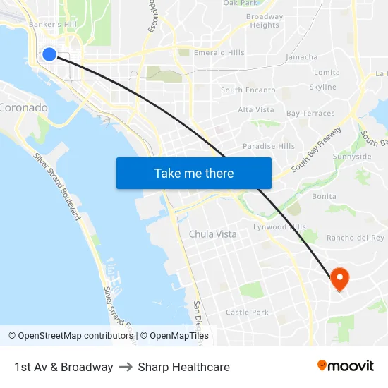 1st Av & Broadway to Sharp Healthcare map