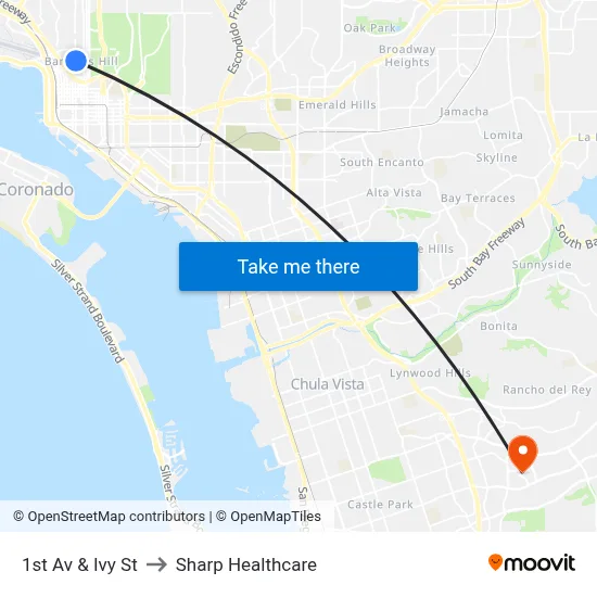 1st Av & Ivy St to Sharp Healthcare map