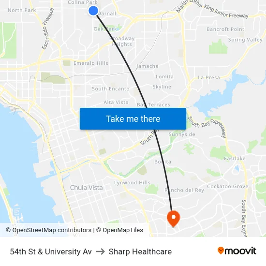 54th St & University Av to Sharp Healthcare map
