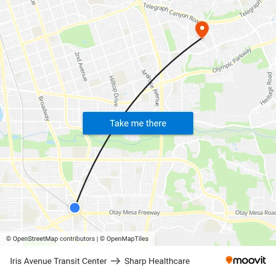 Iris Avenue Transit Center to Sharp Healthcare map