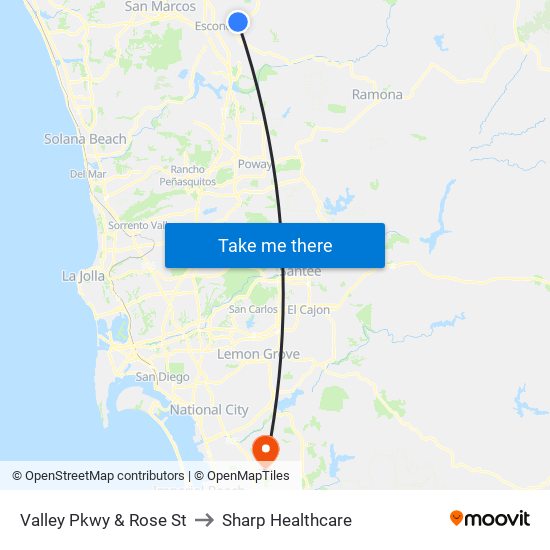 Valley Pkwy & Rose St to Sharp Healthcare map