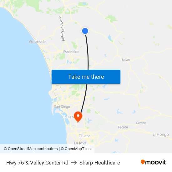 Hwy 76 & Valley Center Rd to Sharp Healthcare map