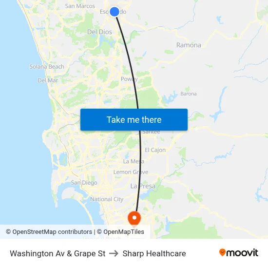 Washington Av & Grape St to Sharp Healthcare map