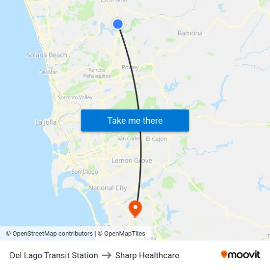 Del Lago Transit Station to Sharp Healthcare map