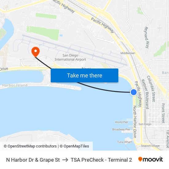 N Harbor Dr & Grape St to TSA PreCheck - Terminal 2 map